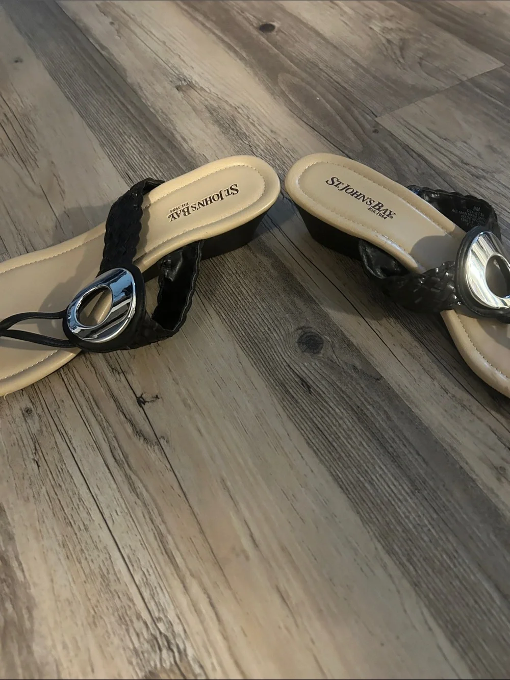 St. John's Bay Black Braided Thong Sandals with Silver Ring Detail